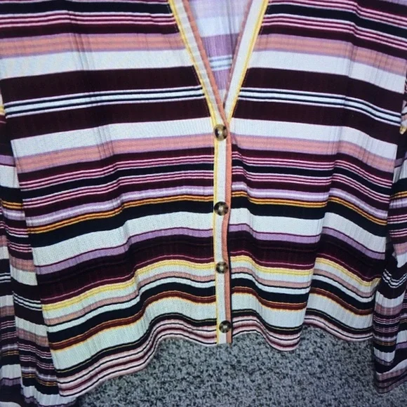 Striped V-Neck Button Cardigan in Pink, Burgundy & Cream - Picture 4 of 6